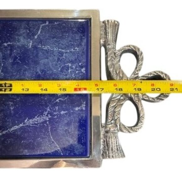 Vtg Lamosa Mexican Serving‎ Tray Blue Marble Pewter Ornate Handles Handmade - Picture 11 of 12